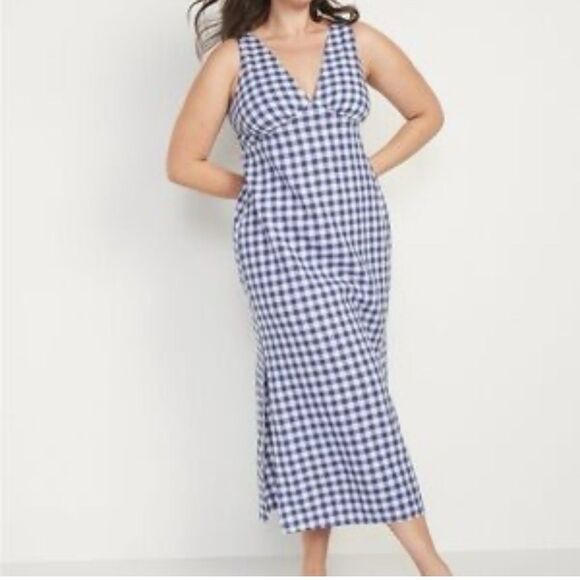 Old Navy Dresses & Skirts - Old Navy Women Midi Dress Blue Gingham Size Large Linen Blend Check Summer Plaid